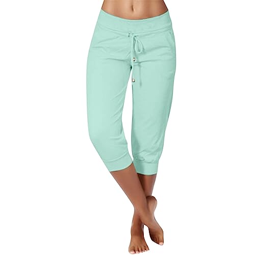 DRALOFAO 3/4 Hosen Damen Sommer Stretch Caprihosen Sweathose Leicht Sommerhose, Jogginghose Damen Yoga Hose Mit Taschen Kordelzug Sporthose Frauen Sweatpants Elastischer Bund Freizeithose von DRALOFAO