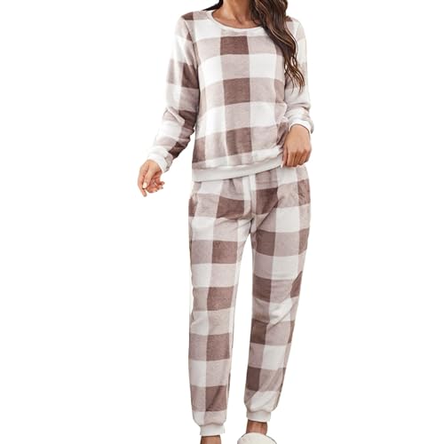 DRALOFAO Flanell Schlafanzug Damen Lang Winter Kariert Pyjamas Set, Zweiteiler Damen Homewear-Set Nachtwäsche Loungewear Langarm Sleepwear Hausanzug Mit Bündchen von DRALOFAO