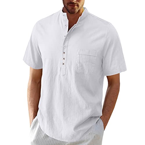 DRALOFAO Hemd Herren Kurzarm Strand Vintage Kurzarmhemd Baumwolle Slim Fit Freizeithemd Urlaub Sommer Leicht Männer Casual Bügelfrei Hawaii Hemd Herrenhemd Unterhemd Leinen Hemd von DRALOFAO