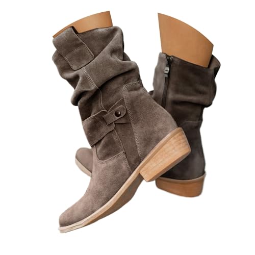 DRALOFAO Lederstiefel Damen,Stiefeletten Damen Beige Wildleder Cowboystiefel Halbstiefel Elegant Spitz Schlupfschuhe Niederung Stiefel Kurzstiefel Halbhohe Bequemer Ankle Boots Halbhoch Damenstiefel von DRALOFAO