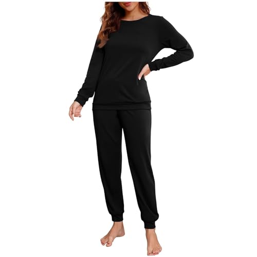 DRALOFAO Loungewear Damen Set Baumwolle Zweiteiliger Schlafanzüge Bequeme Frauen Pyjama Set mit Bündchen Langarm Herbst Winter Nachtwäsche Schlafanzug Freizeitanzug Sleepwear von DRALOFAO