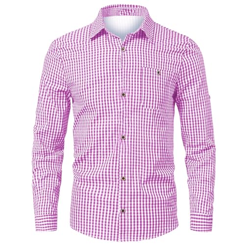 DRALOFAO Trachten Hemden Herren Trachtenhemd Herren Tracht Kariertes Hemd Langarm Slim Fit Karohemd Mit Tasche Baumwolle Freizeithemd Für Oktoberfest Blau Rot Grün,L von DRALOFAO