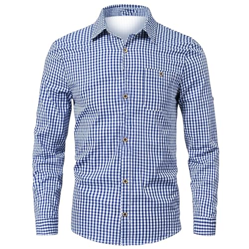 DRALOFAO Trachtenhemd Trachtenhemd Herren Tracht Kariertes Hemd Langarm Slim Fit Karohemd Mit Tasche Baumwolle Freizeithemd Für Oktoberfest Blau Rot Grün,L von DRALOFAO