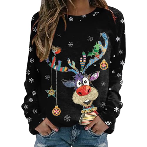 DRALOFAO Weihnachtspullover Damen Lustige Langarm Oberteile Casual Frauen Sweatshirt Weihnachtsoutfit Weihnachtspulli für Frau Teenager Mädchen von DRALOFAO