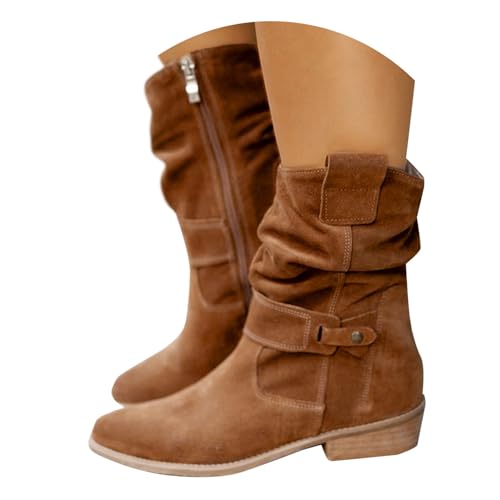 DRALOFAO Western Boots Damen,Stiefeletten Damen Beige Wildleder Cowboystiefel Halbstiefel Elegant Spitz Schlupfschuhe Niederung Stiefel Kurzstiefel Halbhohe Bequemer Ankle Boots Halbhoch Damenstiefel von DRALOFAO