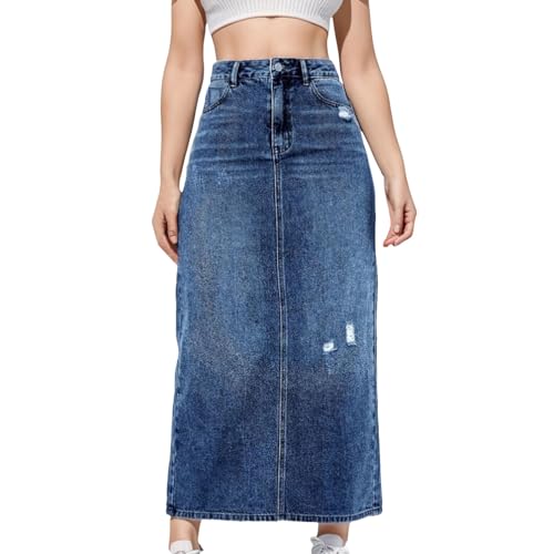 Damen High Waist Wadenlanger Jeansrock Mittlere bis Hohe Taille A-Linie Langer Rock Reißverschluss Stretch Used-Look von DRALOFAO