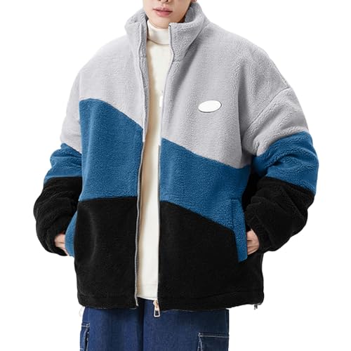 Fleecejacke Herren Patchwork Oberbekleidung Teddy Fleece Mit Stehkragen Mit Reißverschluss Outdoor Fashion Jacke Flauschige Original Warme Plüschjacke Winterjacke Dicke Kleidung Thermo Sweatjacke von DRALOFAO