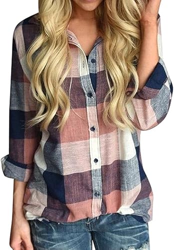 Kariertes Hemd Damen V-Ausschnitt Karohemd Bluse Karo Shirt Langarm Einfarbig Elegant Frauen Damenblusen Hemdbluse Blusenshirt Lang von DRALOFAO
