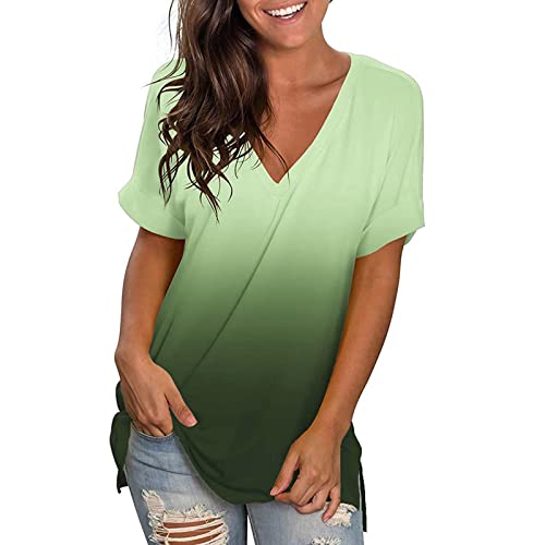 Lange Bluse Damen Tshirt Farbverlauf V-Ausschnitt Oberteile Kurzarm Einfarbig Longbluse Tunika Tops Locker Longtops T-Shirt Pullover Ärmellos Tanktop Teenager Shirt Blusen Longshirt Oversize von DRALOFAO