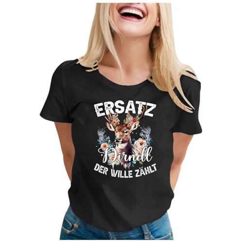 Trachten Damen Outfit, T-Shirt Damen Herren Mit Bayerischem Oktoberfest Hirsch-Print Festival-Tshirt Baumwoll Oberteil Trachtenshirt Traditionelles Trachtenbluse, Schwarz von DRALOFAO
