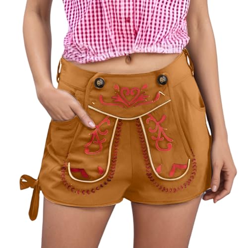 Trachten Lederhose Damen, Lederhose Damen Tracht Shorts Kurze Trachtenhose Front Rot Stickerei Oktoberfest Outfit Trachten Shorts Vintage Bierfest Hotpants Mit Tasche Ledershorts Trachtenjeans von DRALOFAO