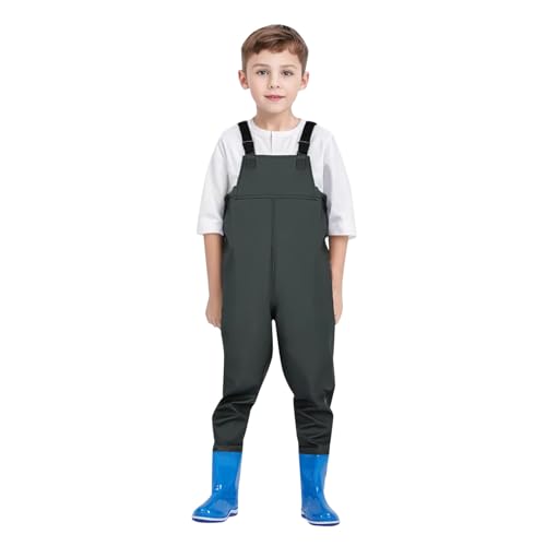 Wathose für Jungen und Mädchen - Wathose für Kinder, Wasserdichte Regenhose mit Stiefeln,Junior Hosenträger Matschhose Regenstiefel,Rutschfeste Sohle Gummistiefel für Jugendliche für 2-15 Jahre von DRALOFAO