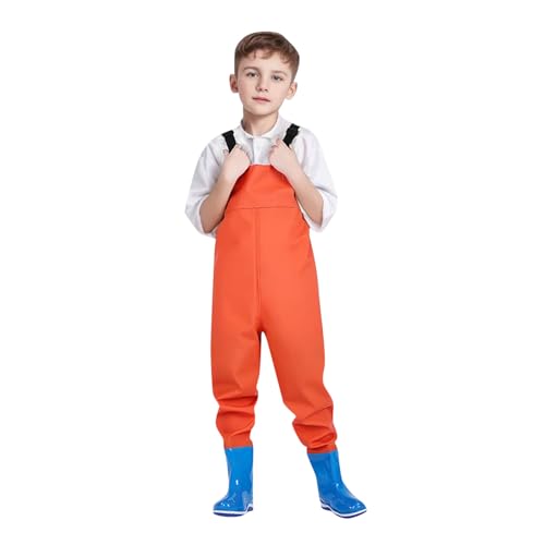 Wathose für Jungen und Mädchen - Wathose für Kinder, Wasserdichte Regenhose mit Stiefeln,Junior Hosenträger Matschhose Regenstiefel,Rutschfeste Sohle Gummistiefel für Jugendliche für 2-15 Jahre von DRALOFAO