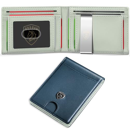 DRAVAN Herren Slim Wallet Fronttasche Geldbörse für Männer mit Geldklammer Minimalistische RFID-blockierende Kreditkartenhalter Rindsleder dünne Brieftaschen mit Geschenkbox, Blau Beige mit Clip, von DRAVAN