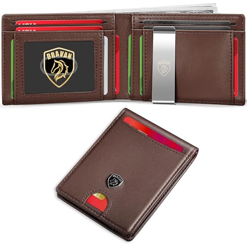 DRAVAN Herren Slim Wallet Fronttasche Geldbörse für Männer mit Geldklammer Minimalistische RFID-blockierende Kreditkartenhalter Rindsleder dünne Brieftaschen mit Geschenkbox, Kaffee mit Clip, Classic von DRAVAN