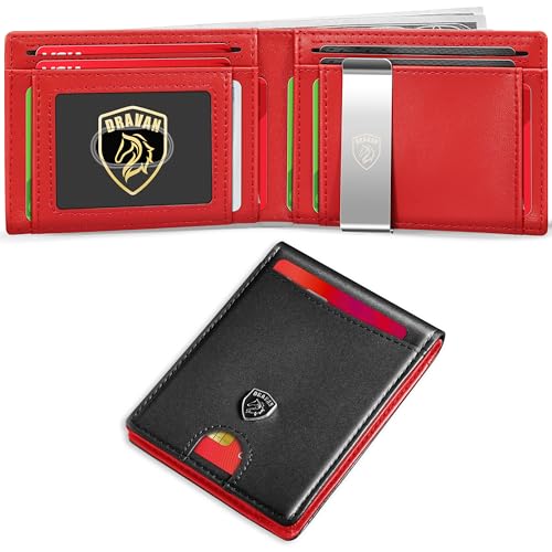 DRAVAN Herren Slim Wallet Fronttasche Geldbörse für Männer mit Geldklammer Minimalistische RFID-blockierende Kreditkartenhalter Rindsleder dünne Brieftaschen mit Geschenkbox, Rot mit Clip, Classci von DRAVAN