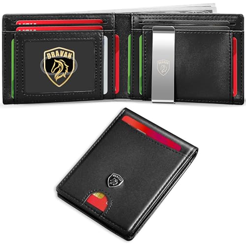 DRAVAN Herren Slim Wallet Fronttasche Geldbörse für Männer mit Geldklammer Minimalistische RFID-blockierende Kreditkartenhalter Rindsleder dünne Brieftaschen mit Geschenkbox, Schwarz mit Clip, Classic von DRAVAN