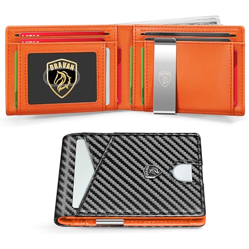 DRAVAN Schlanke Herren-Geldbörse mit Fronttasche für Männer mit Ausweisfenster, minimalistisch, RFID-blockierend, Kreditkartenhalter, Kohlefaser, Geldklammer mit Geschenk-Box, Carbon Orange, Classic von DRAVAN