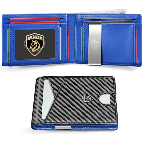 DRAVAN Schlanke Herren-Geldbörse mit Vordertasche für Herren mit 11 Fächern, minimalistisch, RFID-blockierend, Kreditkartenhalter, Kohlefaser, Geldklammer mit Geschenkbox, Blau (Carbon Blue), Classic von DRAVAN