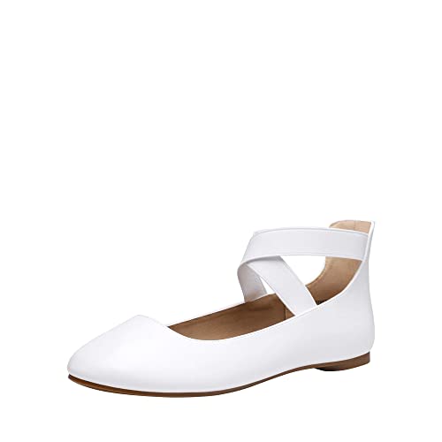 DREAM PAIRS Damen Bequeme Ballerinas Mode Flache Schuhe mit Knöchelwickel und elastischen Kreuzträgern Weiss-PU 37 (EUR) Sole_Stretchy-E von DREAM PAIRS