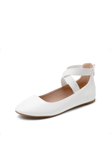 DREAM PAIRS Damen Bequeme Ballerinas Mode Flache Schuhe mit Knöchelwickel und elastischen Kreuzträgern Weiss-PU 40 (EUR) Sole_Stretchy-E von DREAM PAIRS