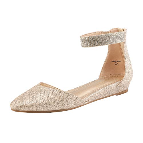 DREAM PAIRS Ballerinas Damen Flache Schuhe mit niedrigem Keilabsatz Knöchelriemen elegant Brautschuhe flach,Size 40.5,Gold/Glitzer von DREAM PAIRS