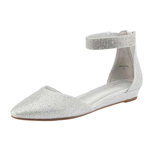 DREAM PAIRS Ballerinas Damen Flache Schuhe mit niedrigem Keilabsatz Knöchelriemen elegant Brautschuhe flach,Size 44,Silber/Glitzer von DREAM PAIRS