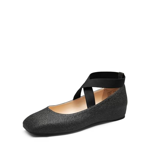 DREAM PAIRS Bequeme Ballerinas Damen Überkreuzte Riemen Design Quadratische Zehenpartie Mit Einer langlebigen,Size 37,SCHWARZ-Glitzer,SDFA2401W von DREAM PAIRS