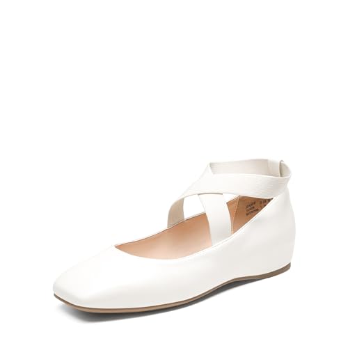 DREAM PAIRS Bequeme Ballerinas Damen Überkreuzte Riemen Design Quadratische Zehenpartie Mit Einer langlebigen,Size 38,Weiss-PU,SDFA2401W von DREAM PAIRS