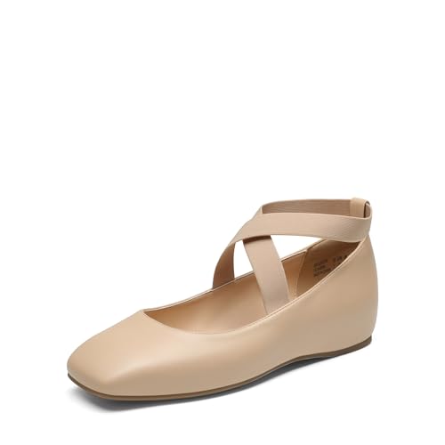 DREAM PAIRS Bequeme Ballerinas Damen Überkreuzte Riemen Design Quadratische Zehenpartie Mit Einer langlebigen,Size 37,NACKT-PU,SDFA2401W von DREAM PAIRS