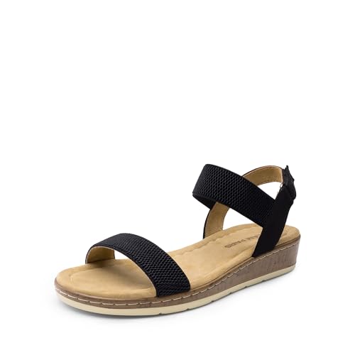 DREAM PAIRS Bequeme elegante Damen-Sandalen aus Kork mit niedrigem Keilabsatz süße Sommer flache Sandalen mit verstellbarem Knöchelriemen,Size 38.5,Schwarz,DWUMFS2525 von DREAM PAIRS