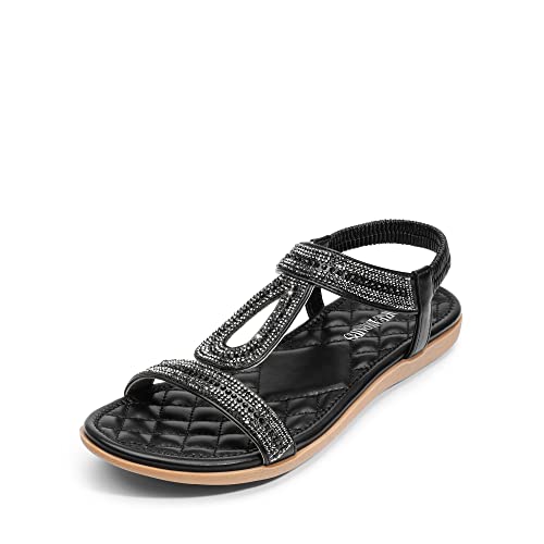 DREAM PAIRS Damen Bohemian Flache Sandalen Sommerlicher Glanz mit Strassoberteil und EIN Riemchendesign SDFS2334W-E SCHWARZ Größe 38 (EUR) von DREAM PAIRS