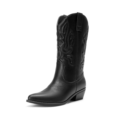 DREAM PAIRS Damen Cowboystiefel Halbhohe Cowgirlstiefel Stickereien Westernstiefel Fashion Herbststiefel Boots,Size 38,Alles Schwarz,DWUMMB2419 von DREAM PAIRS