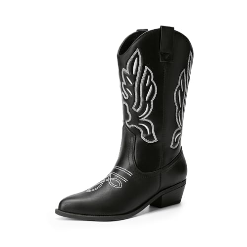 DREAM PAIRS Damen Cowboystiefel Halbhohe Cowgirlstiefel Stickereien Westernstiefel Fashion Herbststiefel Boots,Size 38,Schwarz-Pu,DWUMMB2419 von DREAM PAIRS
