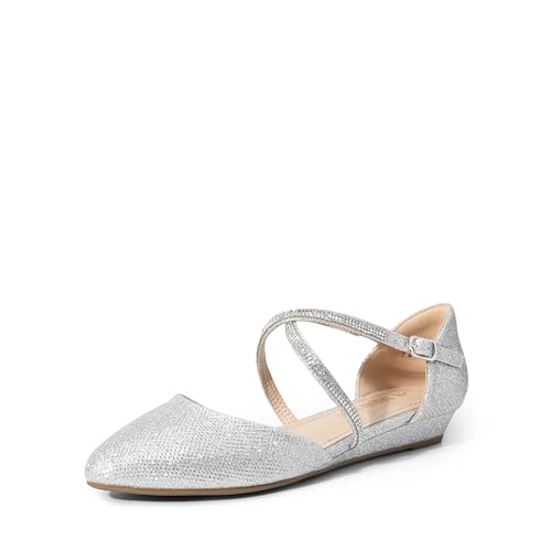 DREAM PAIRS Damen Flache Schuhe Ballerinas mit spitzer Zehenpartie Flache Schuhe niedrigem Keilabsatz Knöchelriemen Slip-on-Schuhe Elegante fürs Büro Arbeit,Size 40.5,Silber-Glitzer,SDFA2402W von DREAM PAIRS