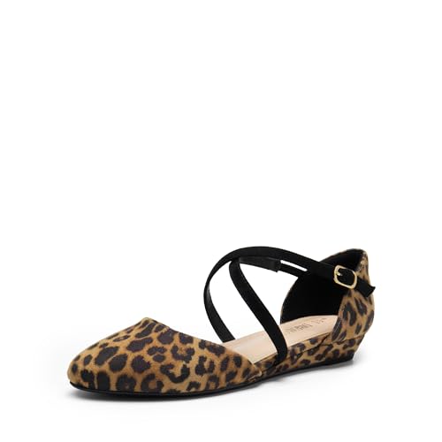 DREAM PAIRS Damen Flache Schuhe Ballerinas mit spitzer Zehenpartie Flache Schuhe niedrigem Keilabsatz Knöchelriemen Slip-on-Schuhe Elegante fürs Büro Arbeit,Size 41.5,Leopard-Wildleder,SDFA2402W von DREAM PAIRS