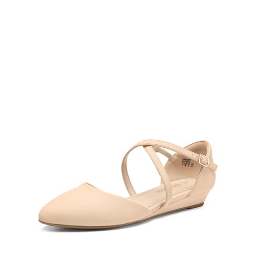 DREAM PAIRS Damen Flache Schuhe Ballerinas mit spitzer Zehenpartie Flache Schuhe niedrigem Keilabsatz Knöchelriemen Slip-on-Schuhe Elegante fürs Büro Arbeit,Size 43,Nackt-Nubuck,SDFA2402W von DREAM PAIRS