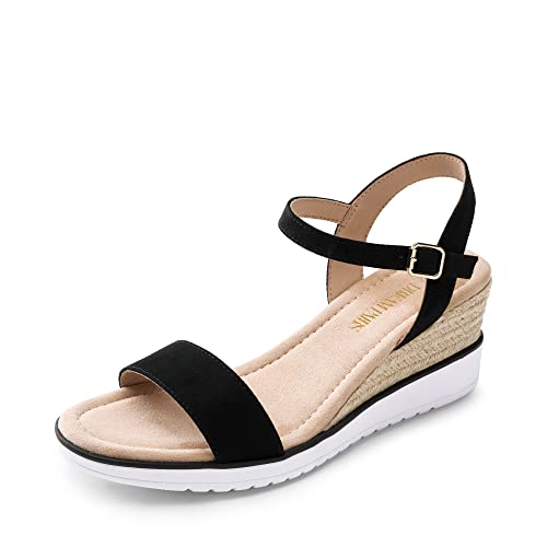 DREAM PAIRS Damen-Espadrilles mit offener Zehenpartie, Elegante Plateau-Sandalen zum Hineinschlüpfen, elastische Knöchelriemen, Keilabsatz-Sandalen,Size 36,Schwarz,SDPW2342W-E von DREAM PAIRS