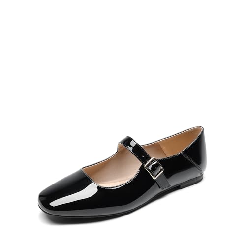 DREAM PAIRS Damen Mary Jane Ballerinas mit verstellbarem Schnallenriemen weichem Futter quadratischer Zehe Profilsohle für Büro & Freizeit,Size 39,Schwarz-Pat,DWUMFA2520 von DREAM PAIRS