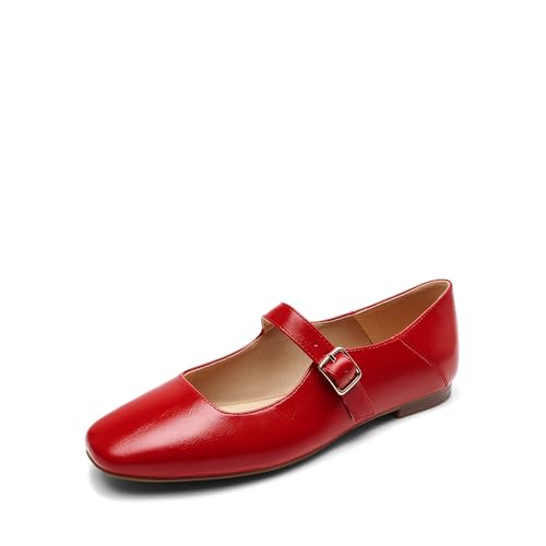 DREAM PAIRS Damen Mary Jane Ballerinas mit verstellbarem Schnallenriemen weichem Futter quadratischer Zehe Profilsohle für Büro & Freizeit,Size 41,Rot,DWUMFA2520 von DREAM PAIRS