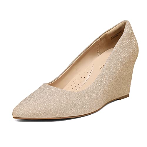 DREAM PAIRS Damen Pumps einfarbig Keilabsatz Schuhe mit Plateau Chunkyrayan und spitzer Zehenpartie, Frauen Wedgeabsatz Pumps Gold SDPU2202W-E Größe 38 (EUR) von DREAM PAIRS