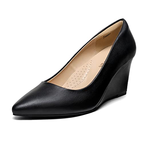 DREAM PAIRS Damen Pumps einfarbig Keilabsatz Schuhe mit Plateau Chunkyrayan und spitzer Zehenpartie, Frauen Wedgeabsatz Pumps Schwarz SDPU2202W-E Größe 39 (EUR) von DREAM PAIRS