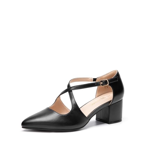 DREAM PAIRS Damen Pumps mit klobigen Absätzen, bequem, mit gekreuzten Riemen, Blockabsatz, Schuhe für Partys und Tanzen Brautschuhe,Size 38,Schwarz-Pu,SDPU2409W von DREAM PAIRS