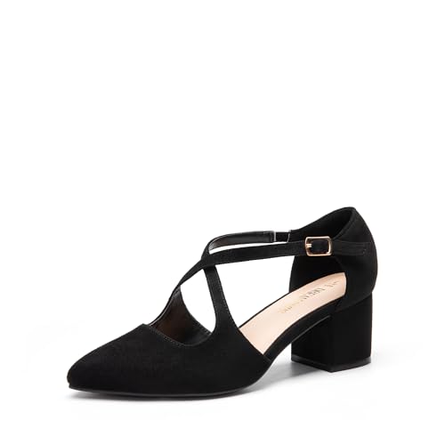 DREAM PAIRS Damen Pumps mit klobigen Absätzen, bequem, mit gekreuzten Riemen, Blockabsatz, Schuhe für Partys und Tanzen Brautschuhe,Size 38,Schwarz-Wildleder,SDPU2409W von DREAM PAIRS