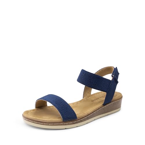 DREAM PAIRS Bequeme elegante Damen-Sandalen aus Kork mit niedrigem Keilabsatz süße Sommer flache Sandalen mit verstellbarem Knöchelriemen,Size 36.5,Marine,DWUMFS2525 von DREAM PAIRS