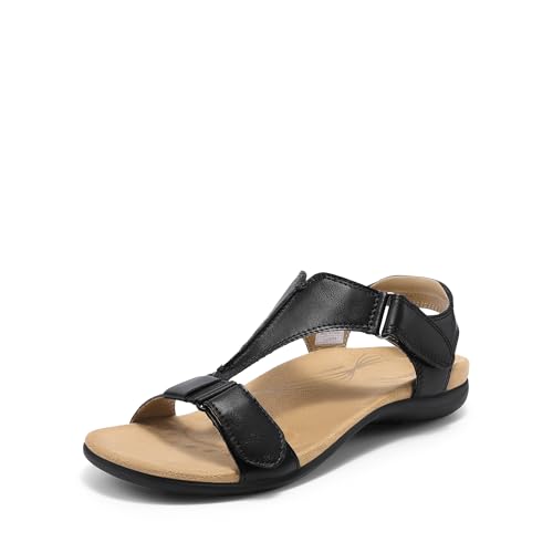 DREAM PAIRS Damen-Sandalen mit Fußgewölbeunterstützung, T-Riemen, orthopädische flache Sandalen, bequeme Sommerschuhe,Size 38.5,Schwarz,DWUMFS2508 von DREAM PAIRS
