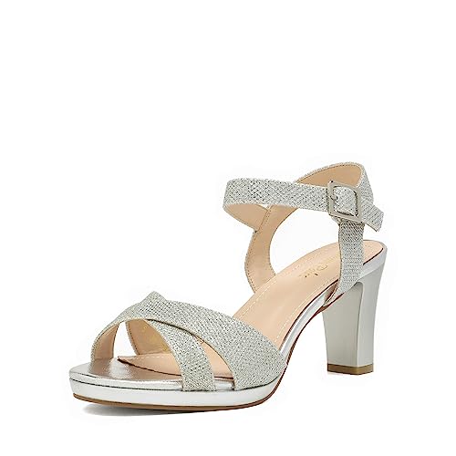 DREAM PAIRS Damen-Sandalen mit klobigen Absätzen, offener Zehenbereich, Knöchelriemen, glitzernde Absätze,, Silber/Glitzer, 42 EU von DREAM PAIRS