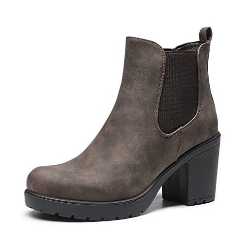 DREAM PAIRS Damen Stiefeletten Elastische Gores Stylische Stiefeletten 7,8 cm Blockabsatz Braun/pu FRE-E Größe 38 (EUR) von DREAM PAIRS