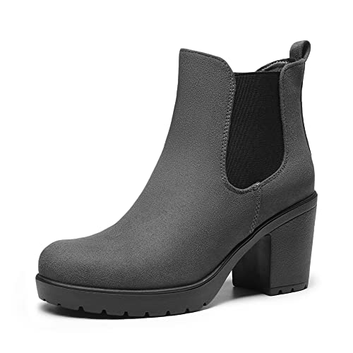 DREAM PAIRS Damen Stiefeletten Elastische Gores Stylische Stiefeletten 7,8 cm Blockabsatz Grau/Wildleder FRE-E Größe 36 (EUR) von DREAM PAIRS