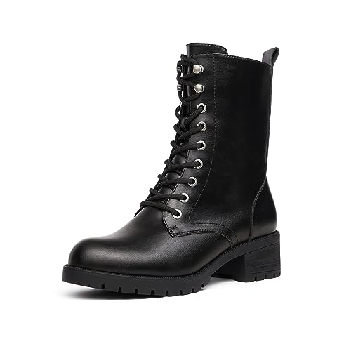 DREAM PAIRS Damenstiefel Mid-Calf Schnürstiefel Kampfstiefel Herbst Winter Schuhe damen Bequemer Reißverschluss women fashion combat boots DMB214-E SCHWARZ 42(EUR) von DREAM PAIRS